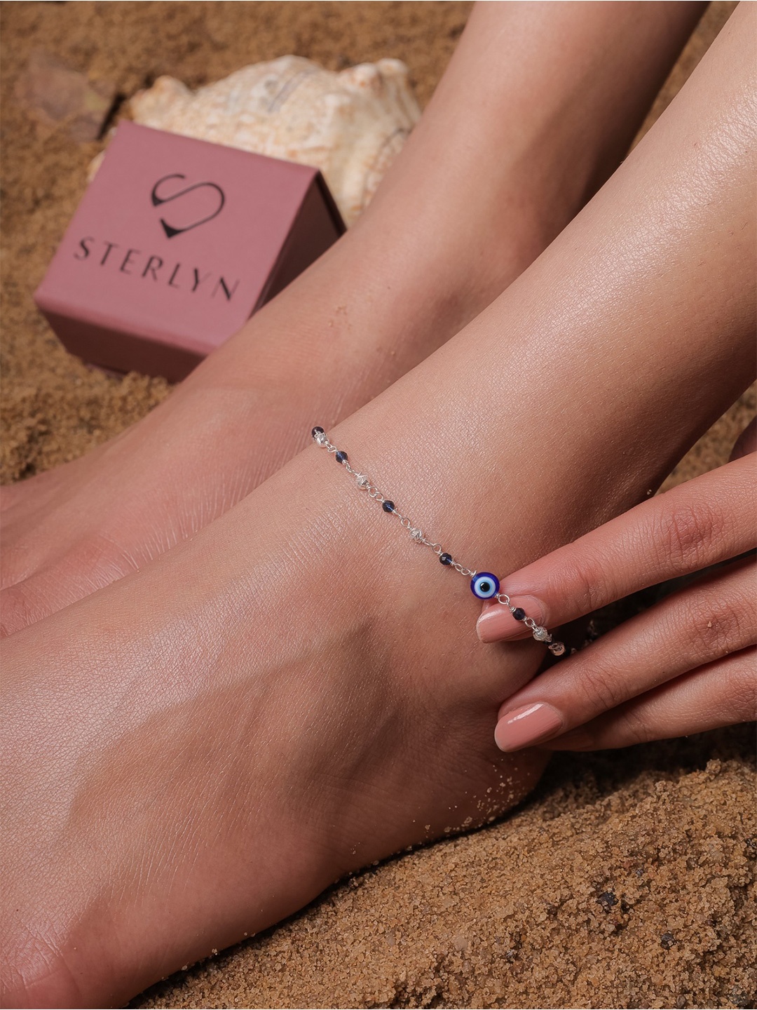

STERLYN Rhodium-Plated Artificial Beads Anklet, Silver