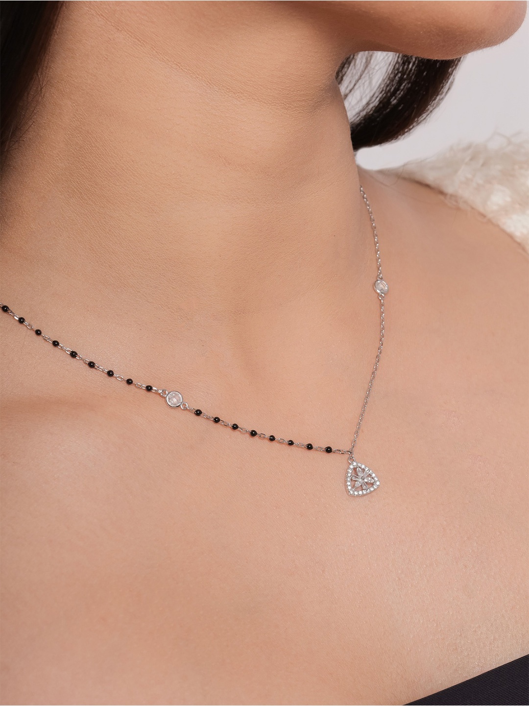 

STERLYN Rhodium-Plated Artificial Stones and Beads Mangalsutra, Silver
