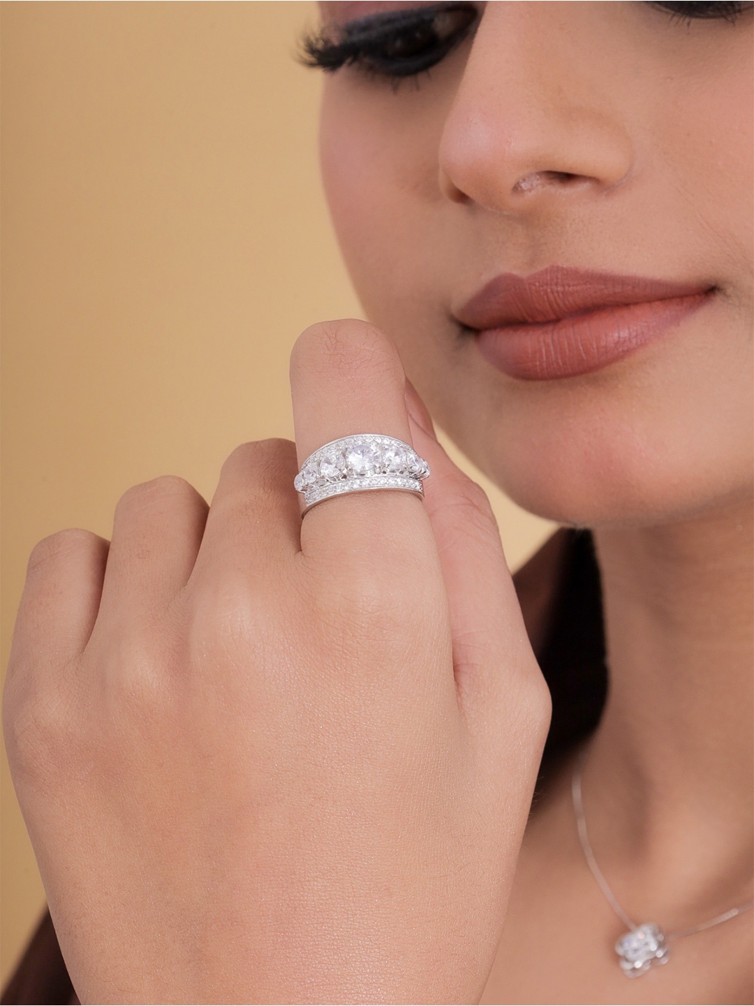 STERLYN 925 Sterling Silver Ring Rhodium-Plated CZ-Studded Charm Finger Ring