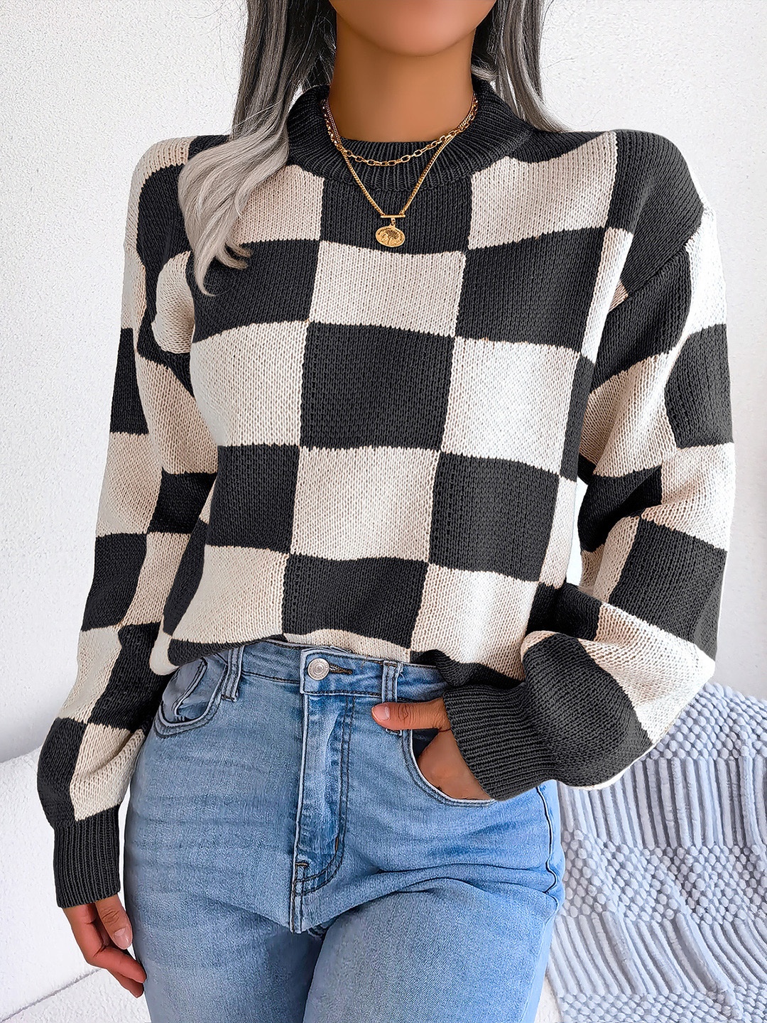 

HERE&NOW Women Checked Pullover, Black