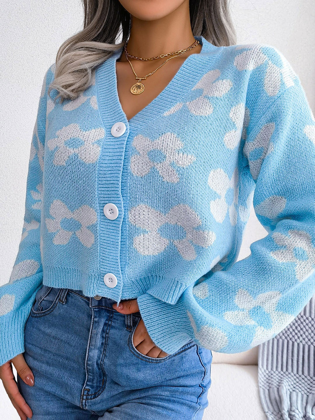 

HERE&NOW Women Floral Printed Cardigan, Blue