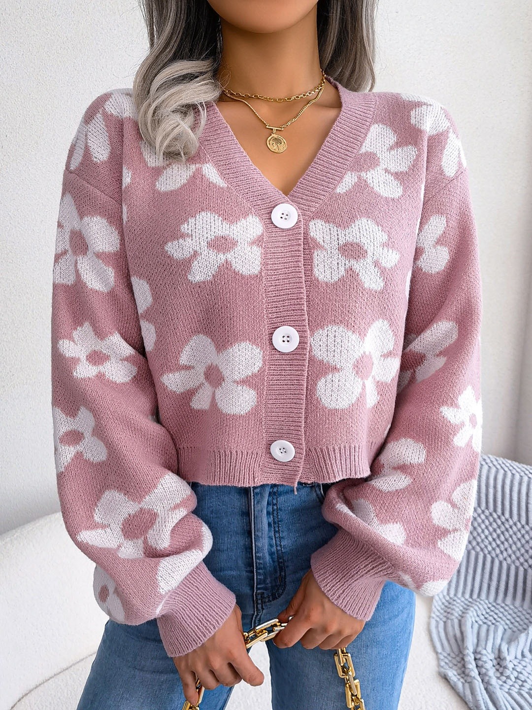 

HERE&NOW Women Floral Crop Cardigan, Pink