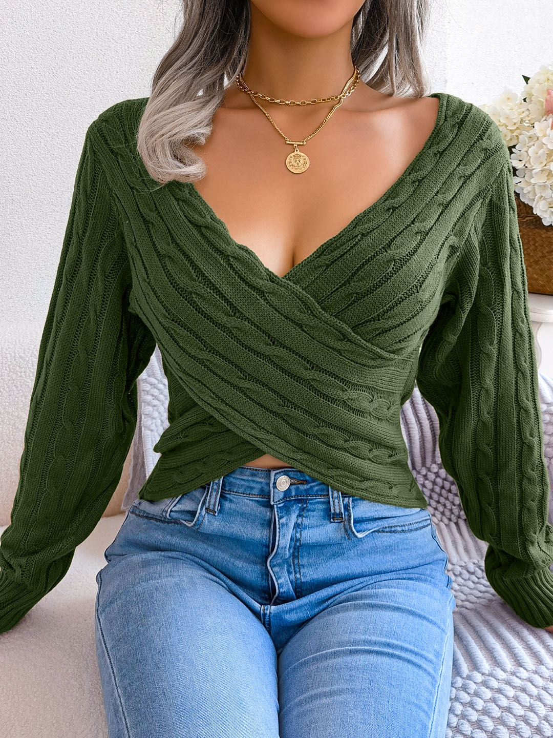 

HERE&NOW Women Cable Knit Crop Pullover, Green