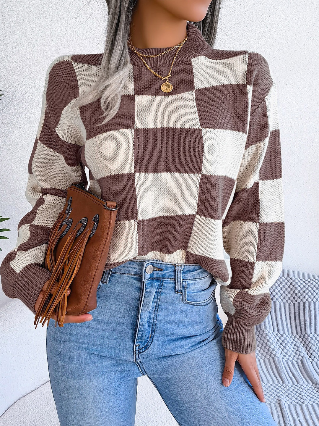 

HERE&NOW Women Checked Pullover, Coffee brown