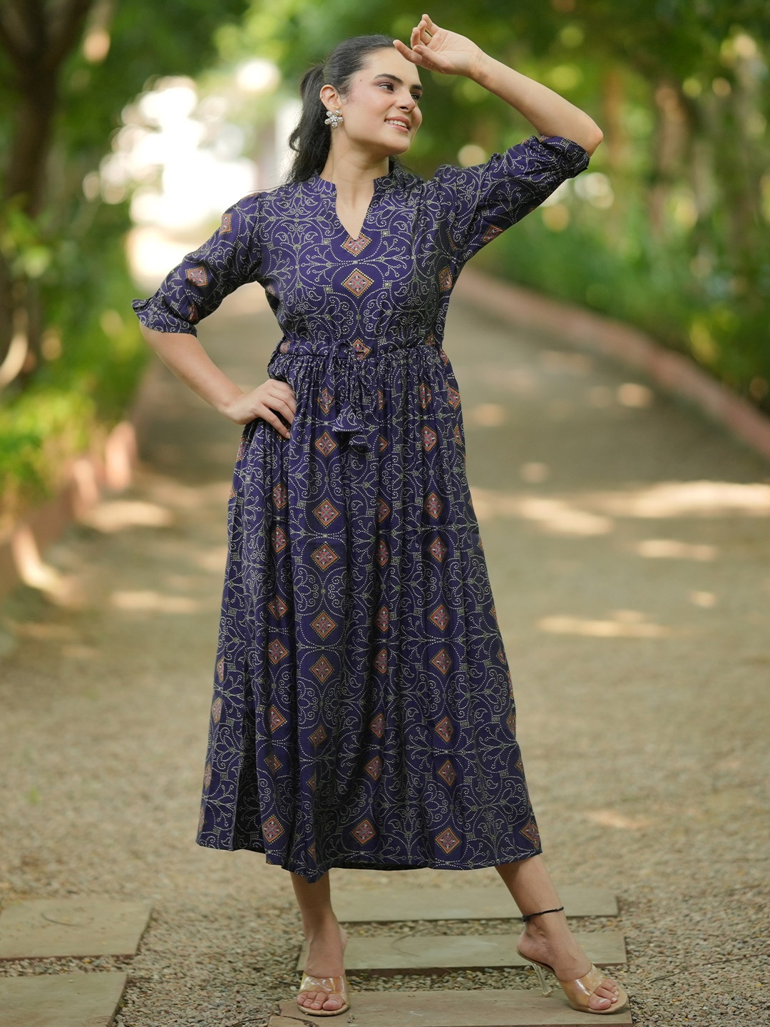 

Libas Ethnic Motifs Print Bell Sleeve A-Line Midi Dress, Blue