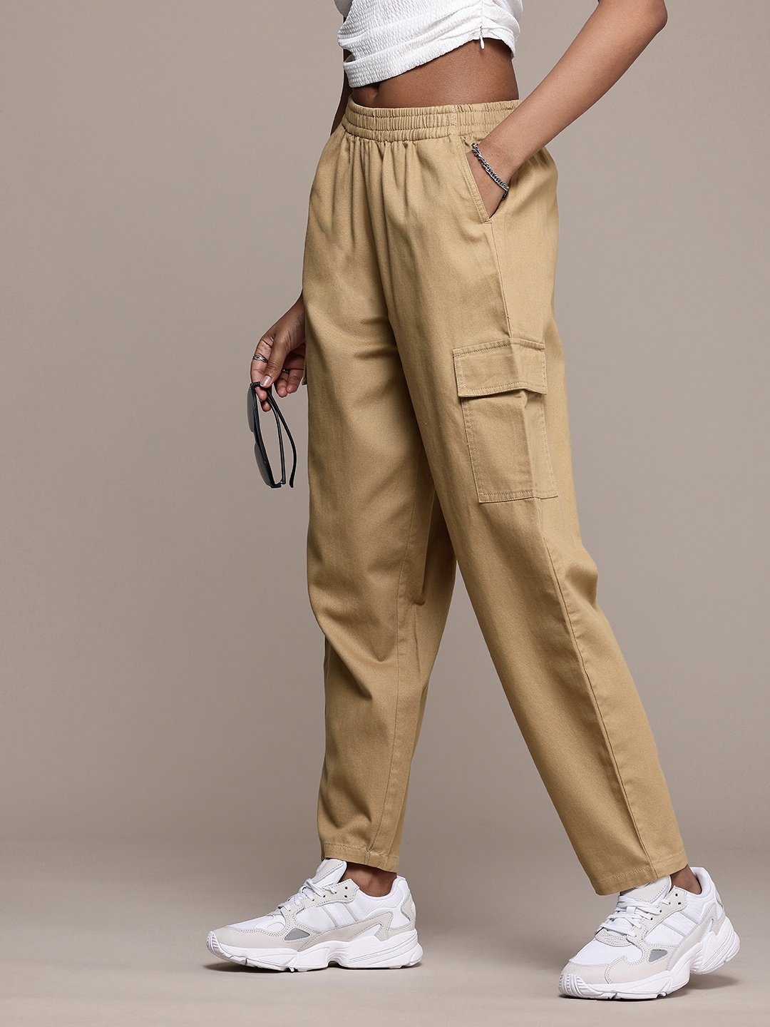 

The Roadster Lifestyle Co. Women Pure Cotton Cargo Trousers, Khaki