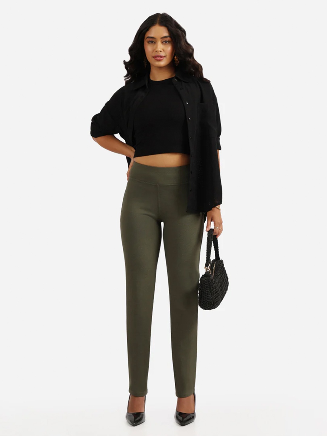 

Blissclub Women Straight Fit High-Rise Wrinkle Free Trouser, Olive