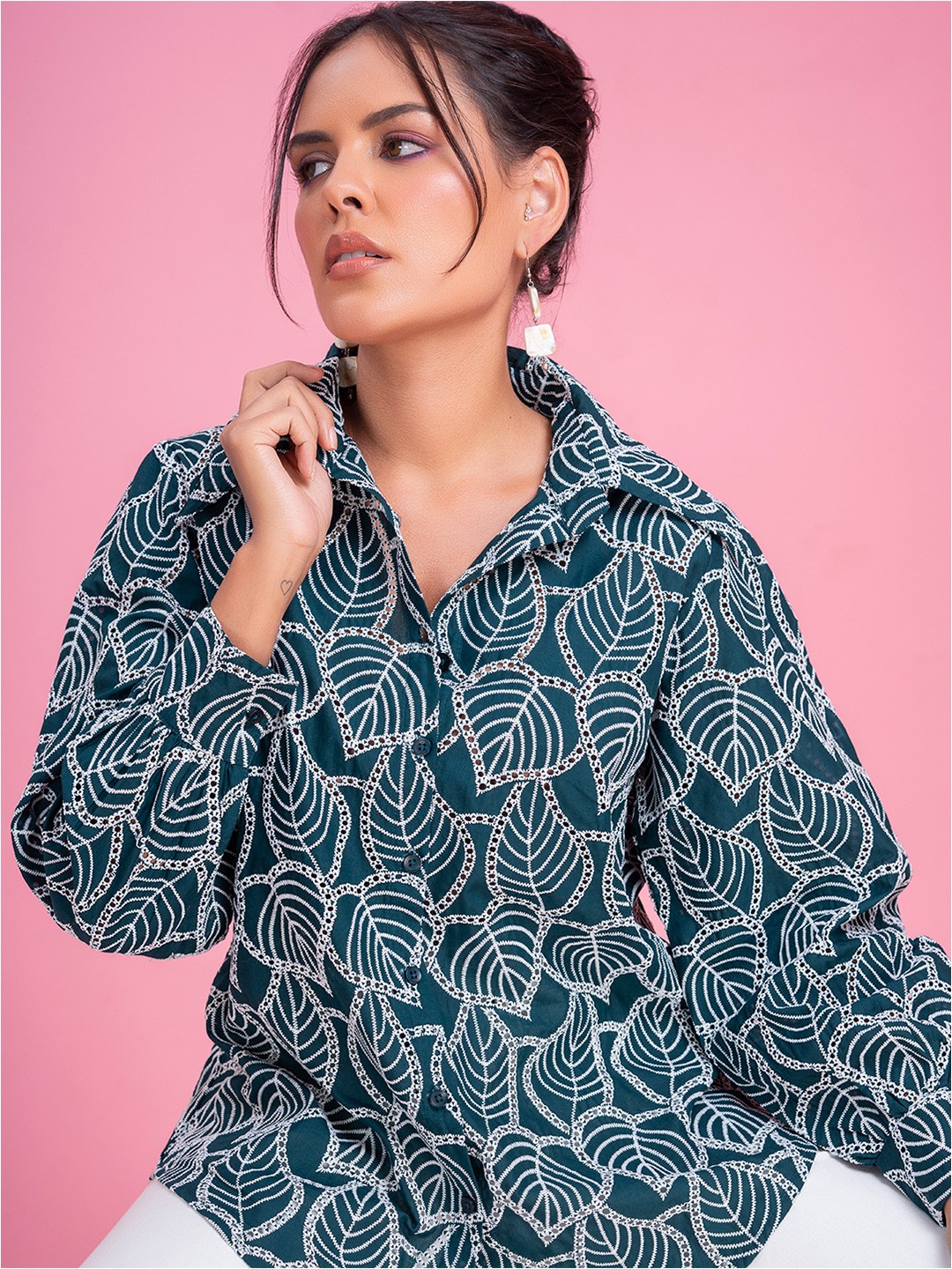 

Lounge Dreams Women Comfort Spread Collar Floral Printed Cotton Relaxed Fit Casual Shirt, Green