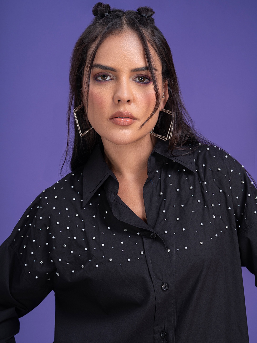 

Lounge Dreams Women Comfort Spread Collar Solid Cotton Relaxed Fit Party Shirt, Black