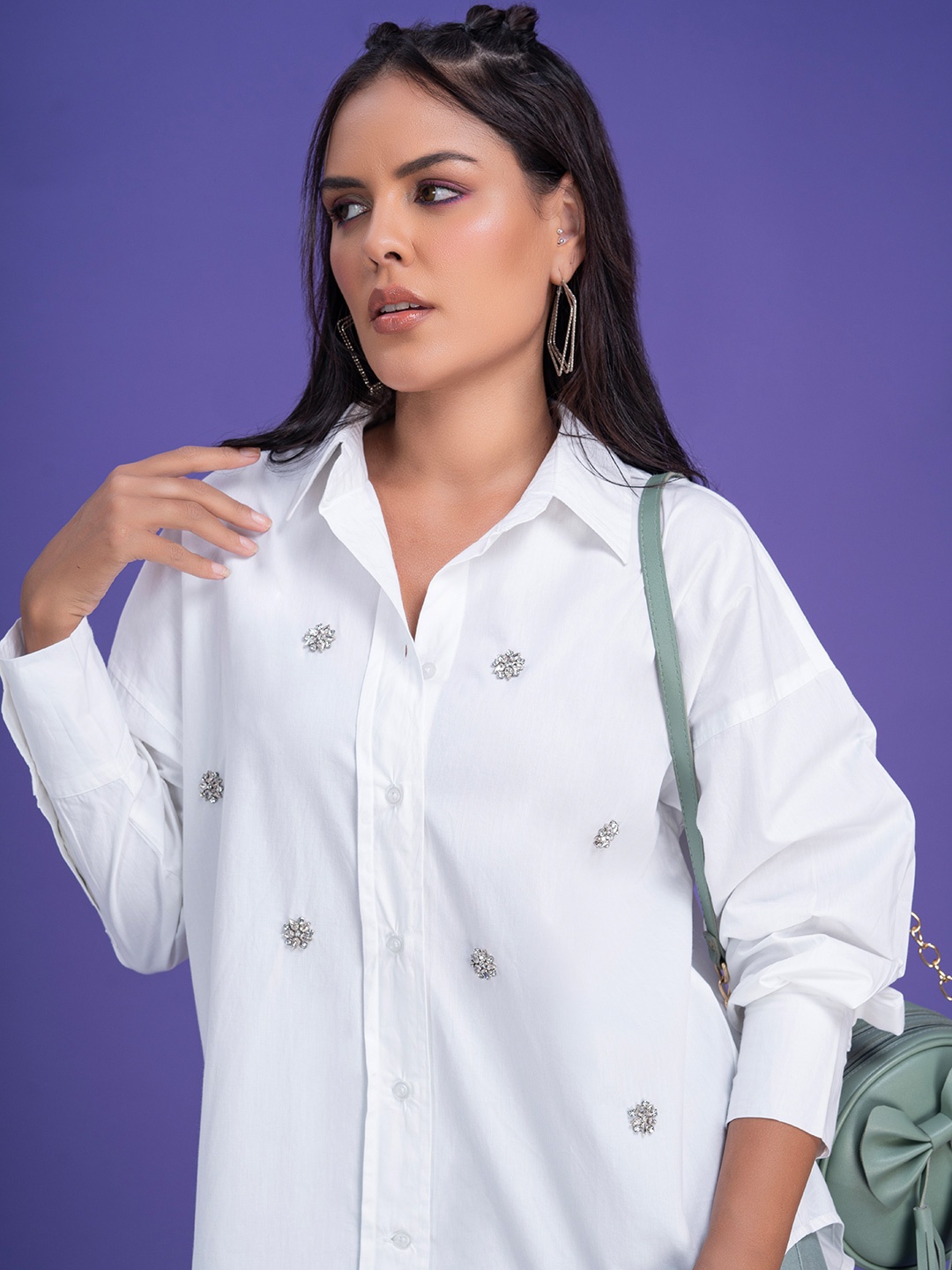 

Lounge Dreams Women Comfort Spread Collar Solid Cotton Relaxed Fit Party Shirt, White