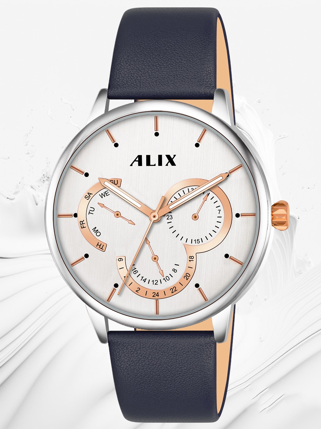 

ALIX Men Brass Dial & Leather Straps Analogue Chronograph Watch AL3011 BLUE, Silver