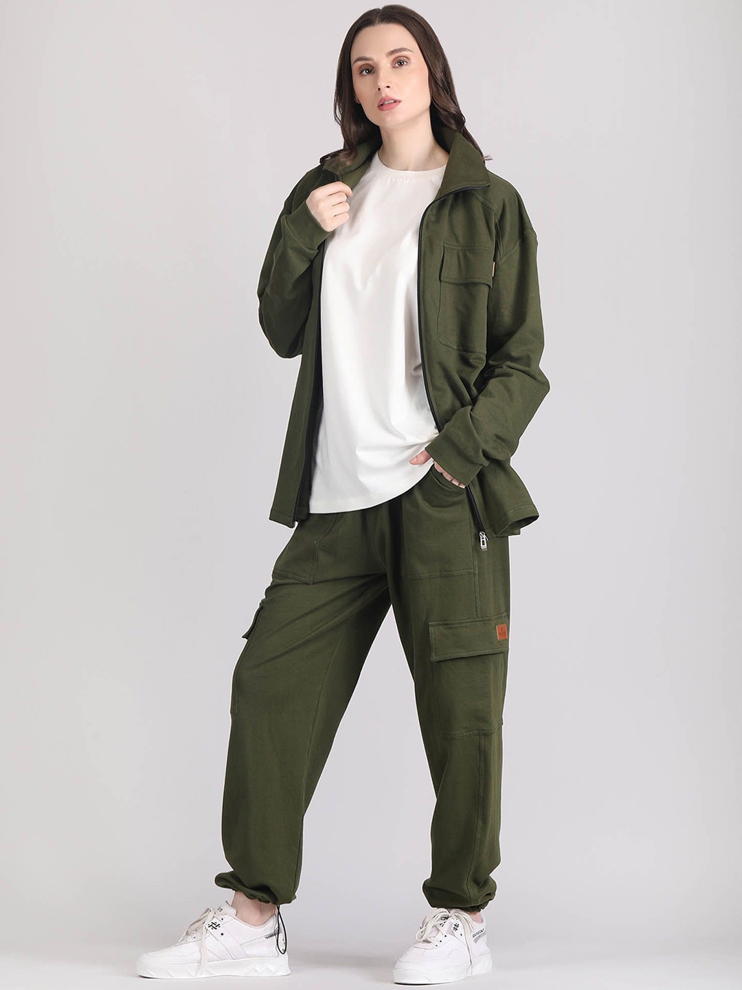

Raxedo Oversized Pure Cotton Top and Trouser With Baggy Shacket, Olive