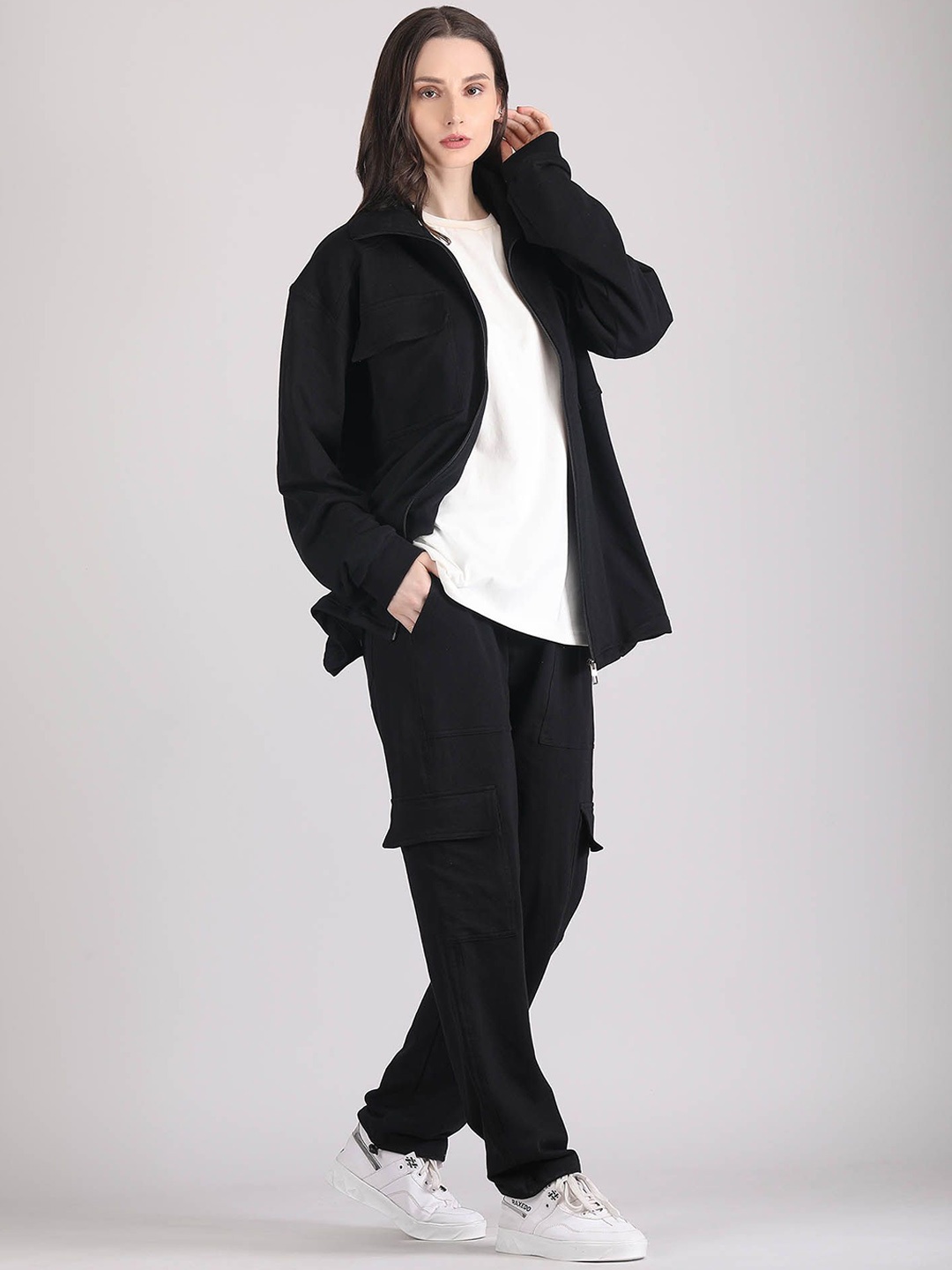 

Raxedo Oversized Pure Cotton Top and Trouser With Baggy Shacket, Black