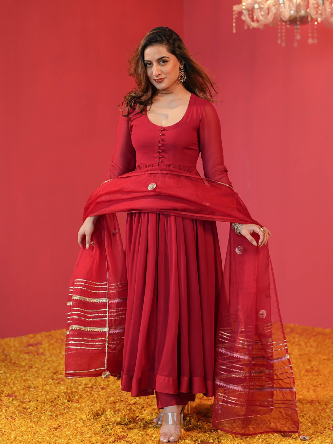 

GoSriKi Solid Round Neck Anarkali Kurta With Trouser & Dupatta, Red