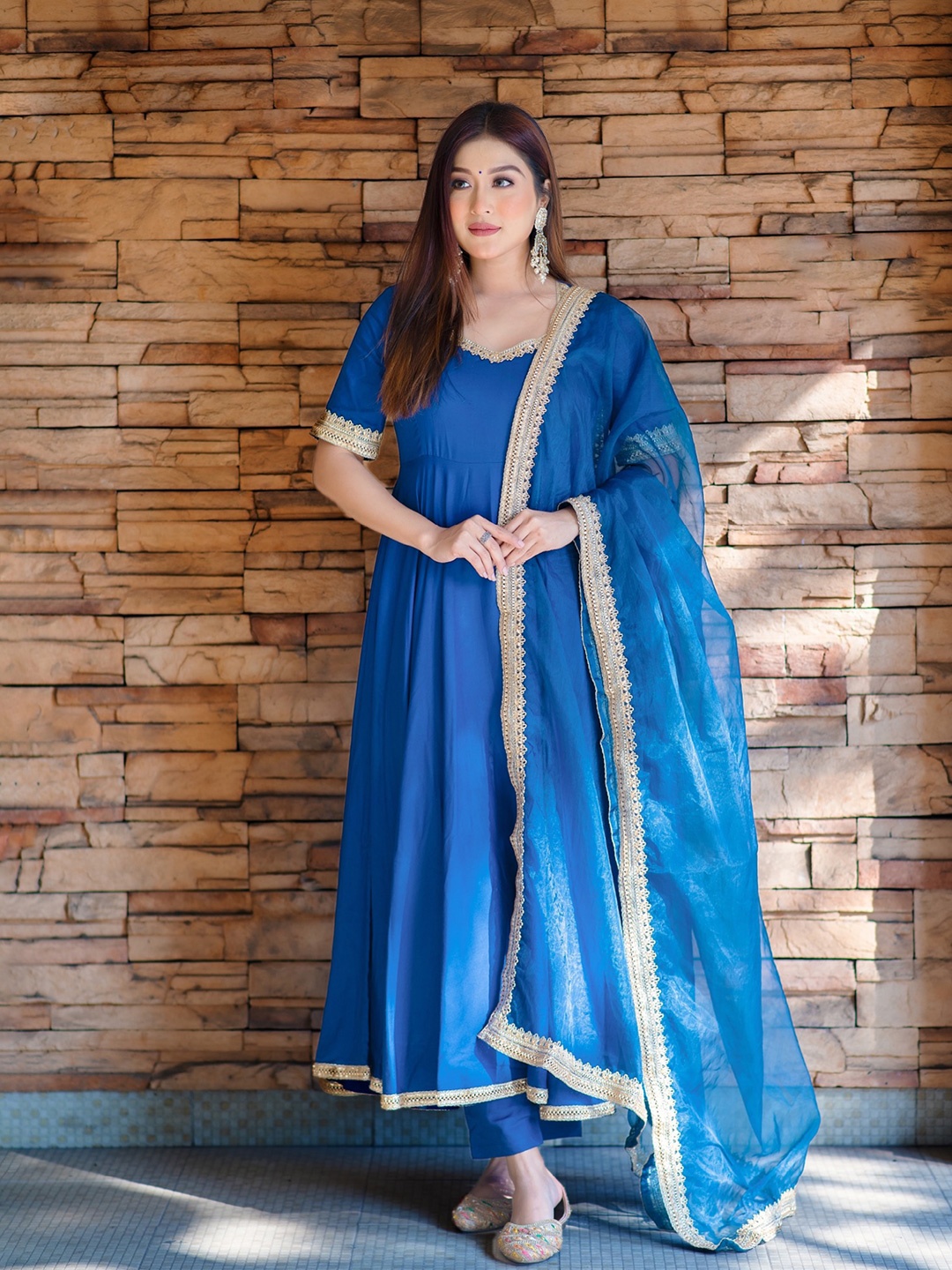

GoSriKi Gotta Patti Anarkali Kurta With Trouser & Dupatta, Blue