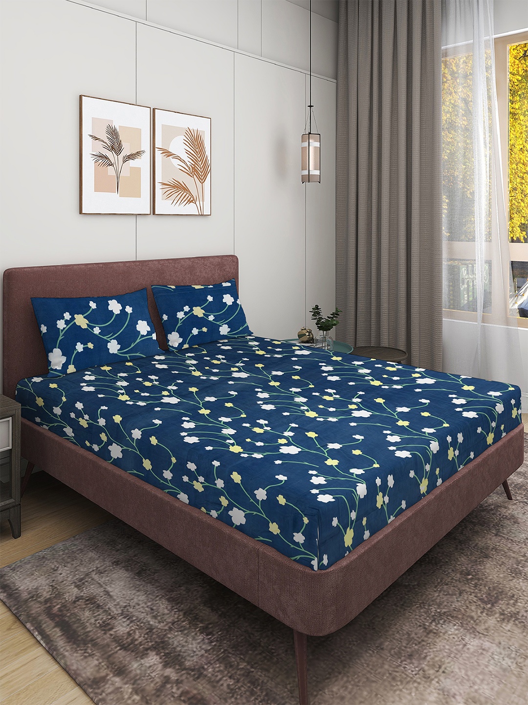 

Myntra Elegant Homes Blue & White Floral 160 TC Queen Bedsheet with 2 Pillow Covers