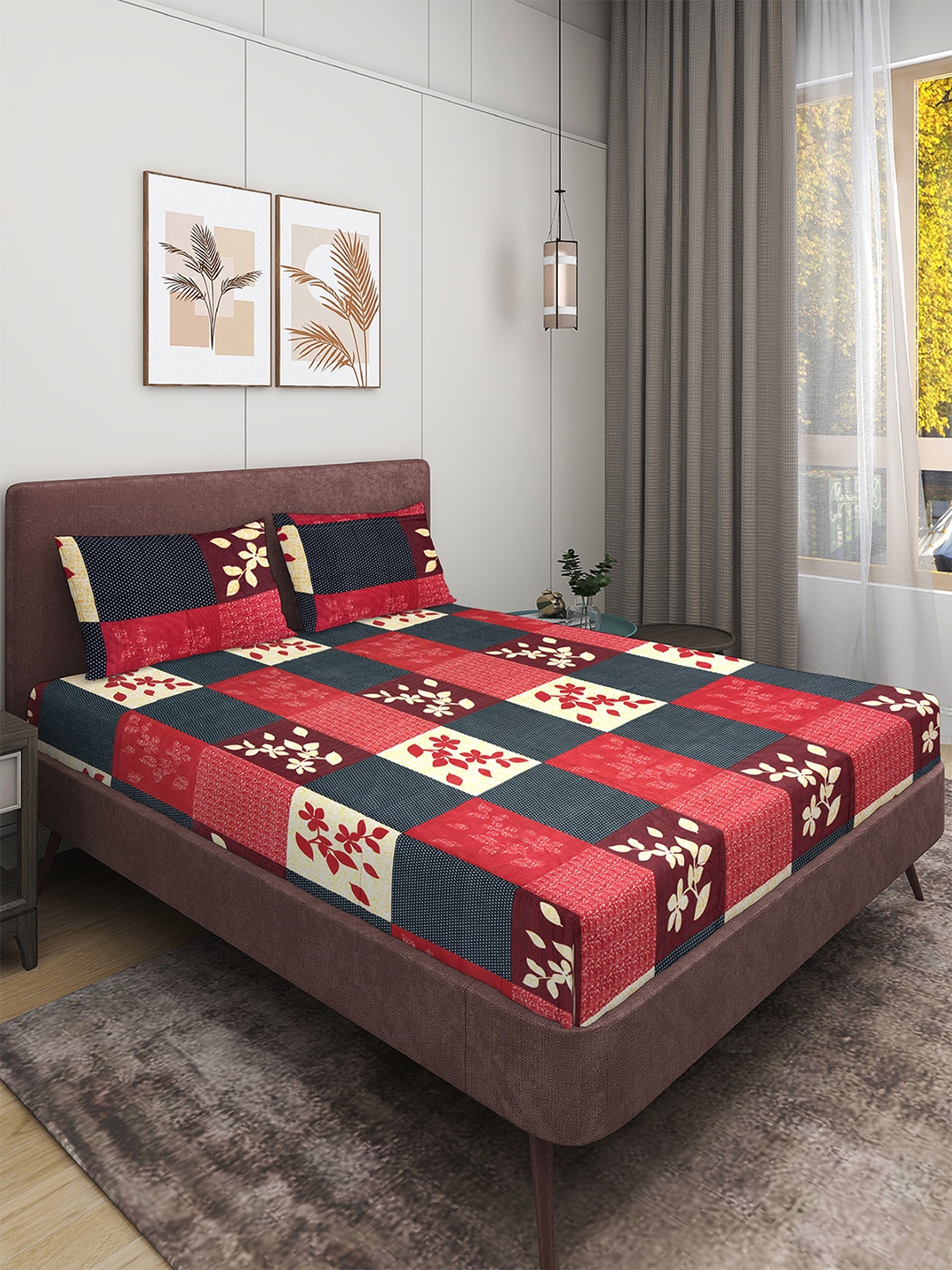 

Myntra Elegant Homes Red & Black Floral 160 TC Queen Bedsheet with 2 Pillow Covers