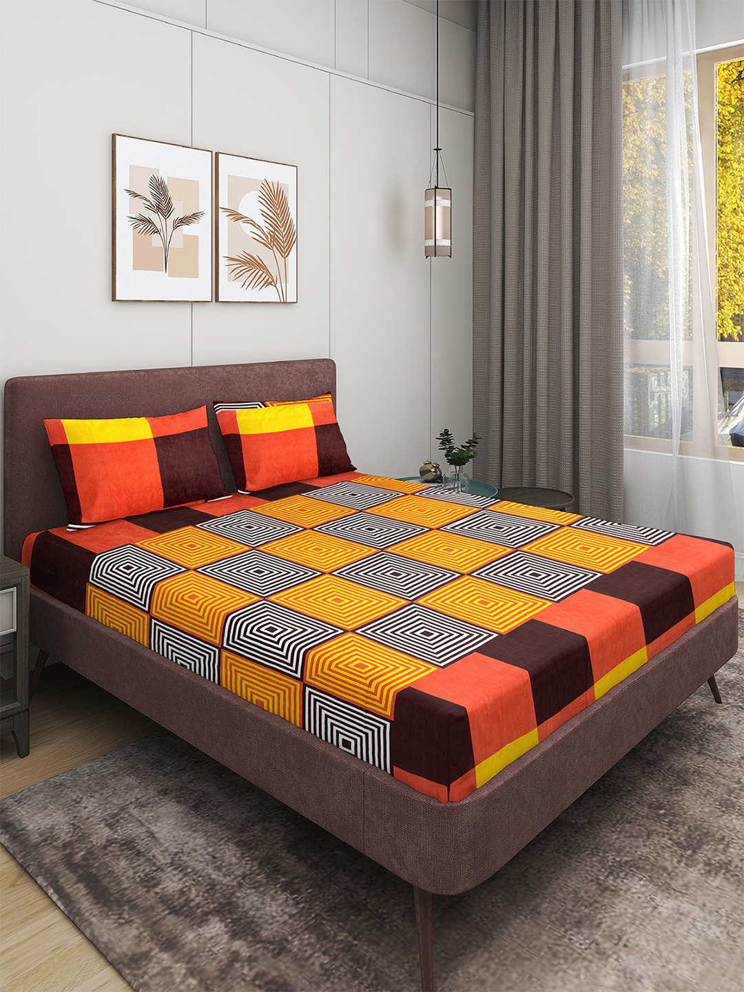 

Myntra Elegant Homes Orange & Brown Geometric 160 TC Queen Bedsheet with 2 Pillow Covers