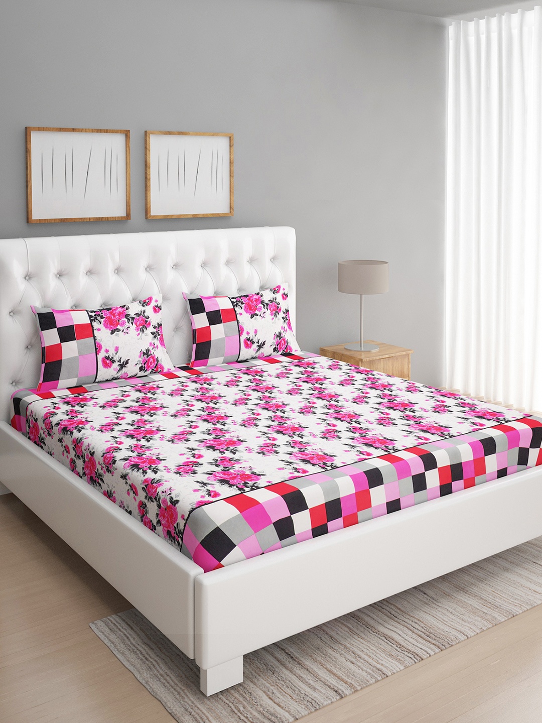 

Myntra Elegant Homes White & Pink Floral 144 TC Queen Bedsheet with 2 Pillow Covers