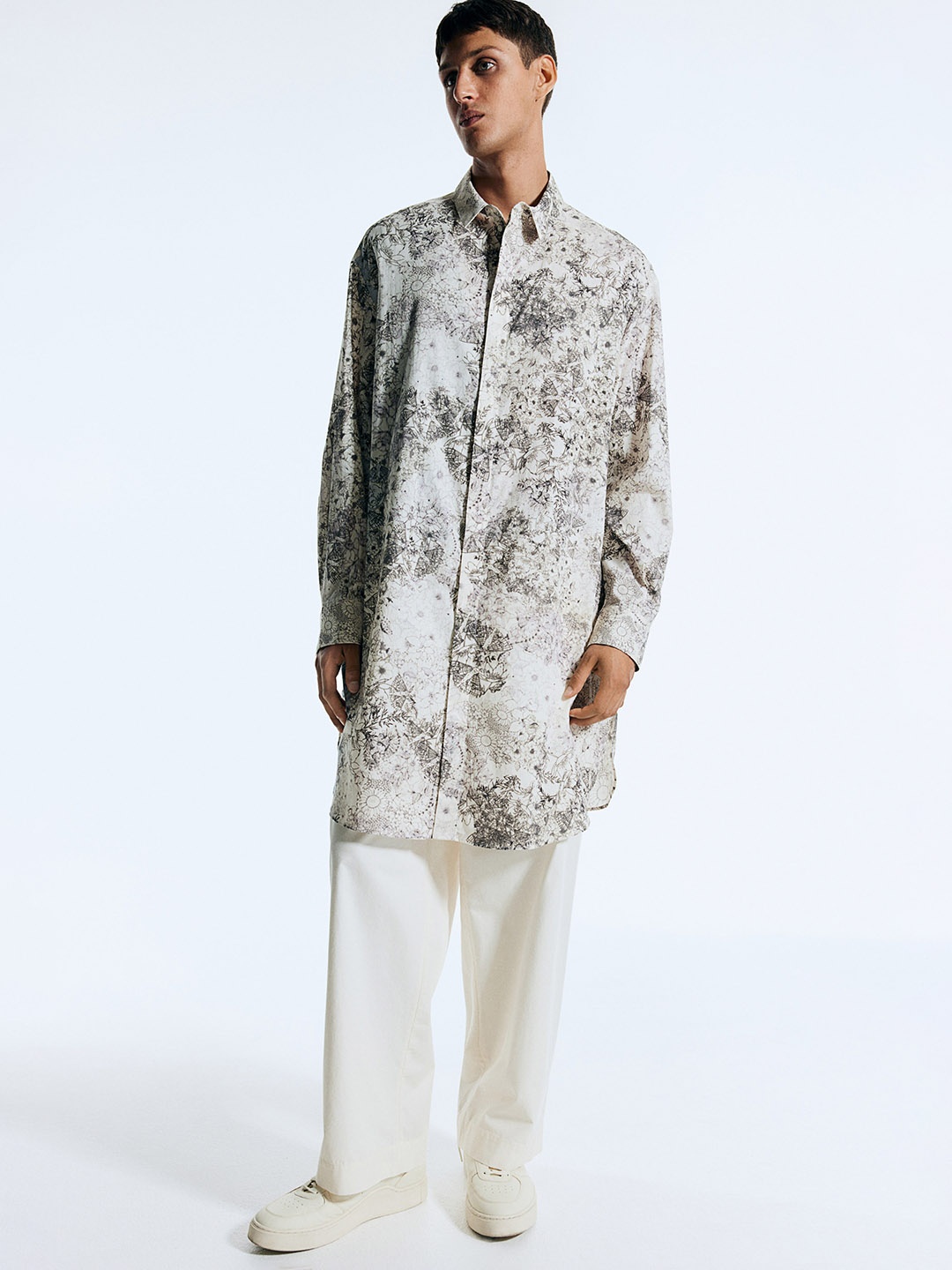 

H&M Floral-Print Cotton Shirt Kaftan, Beige