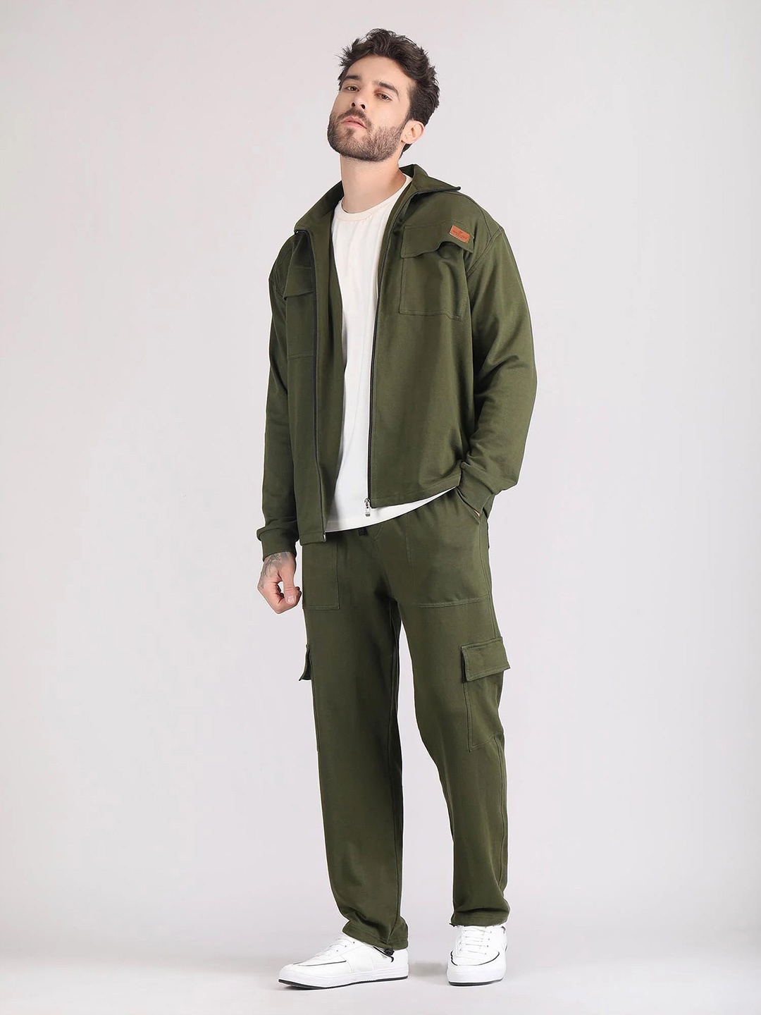

Raxedo Shirt Collar Long Sleeve Pure Cotton Shacket & Trouser Co-Ords, Olive