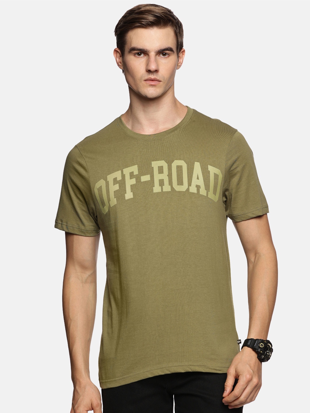 The Roadster Lifestyle Co.Men Typography Printed Round Neck Pure Cotton T-shirt, Olive