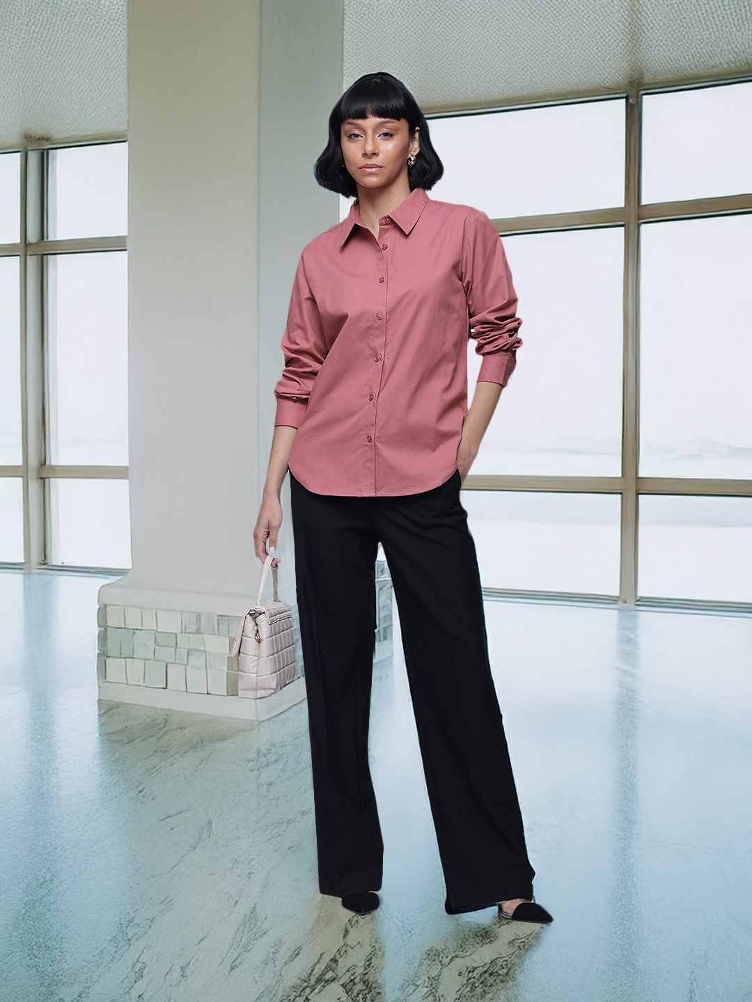 

French Connection Pure Cotton Longline Casual Shirt, Mauve