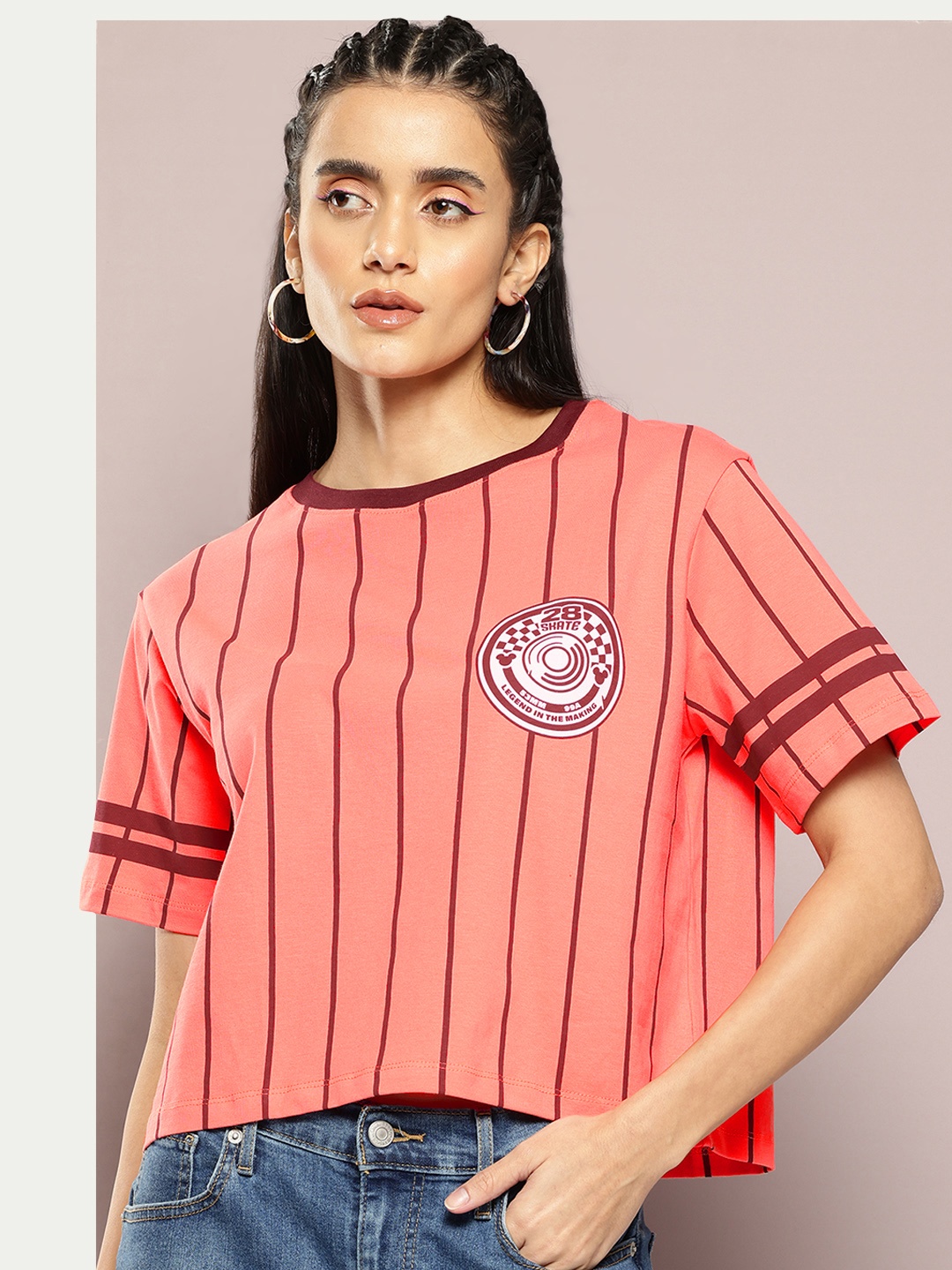 

Kook N Keech Disney Pure Cotton Striped Oversized T-shirt, Peach