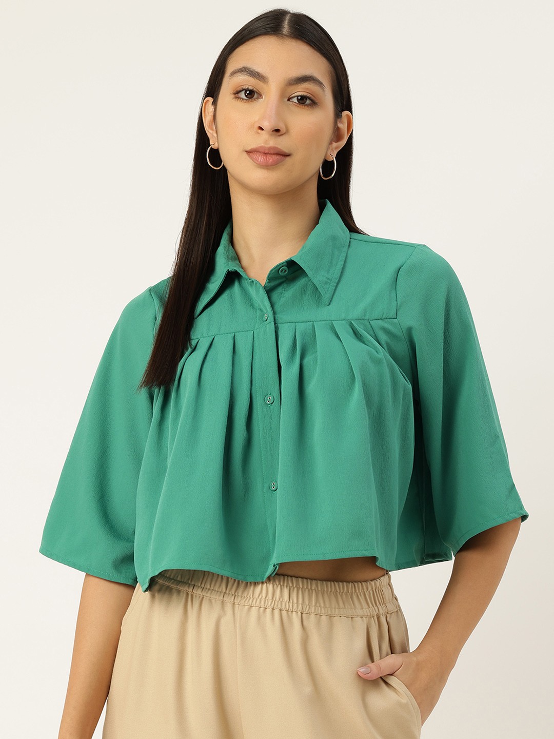 

Rue Collection Flared Sleeves Shirt Style Crop Top, Green