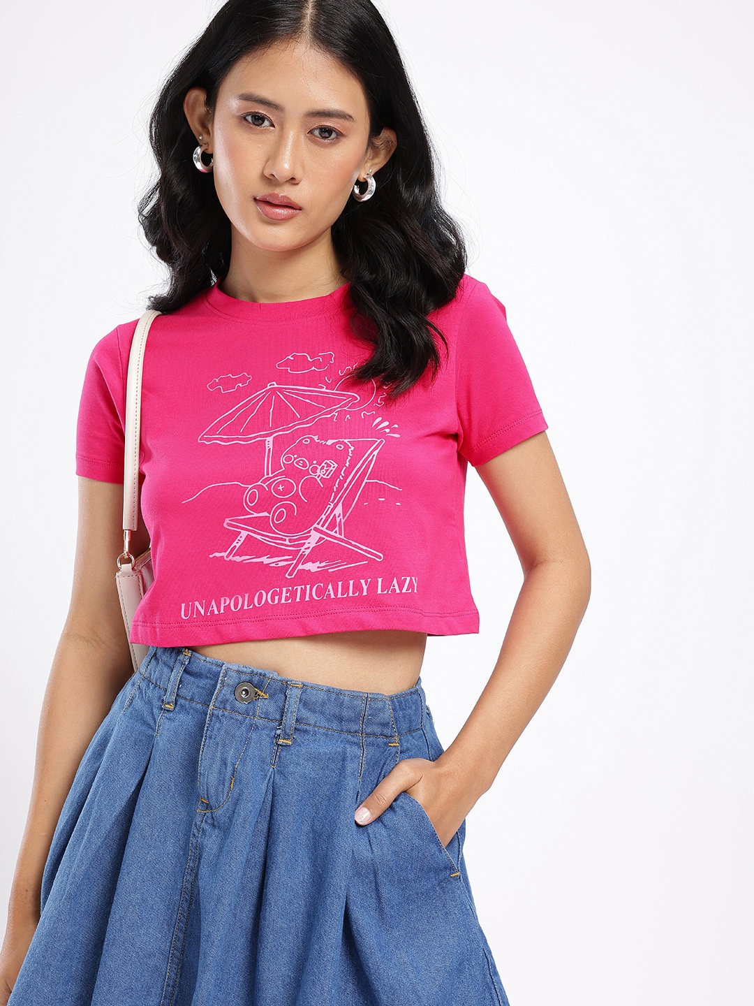 

DressBerry Carefree Chic Printed Boxy Crop T-shirt, Pink