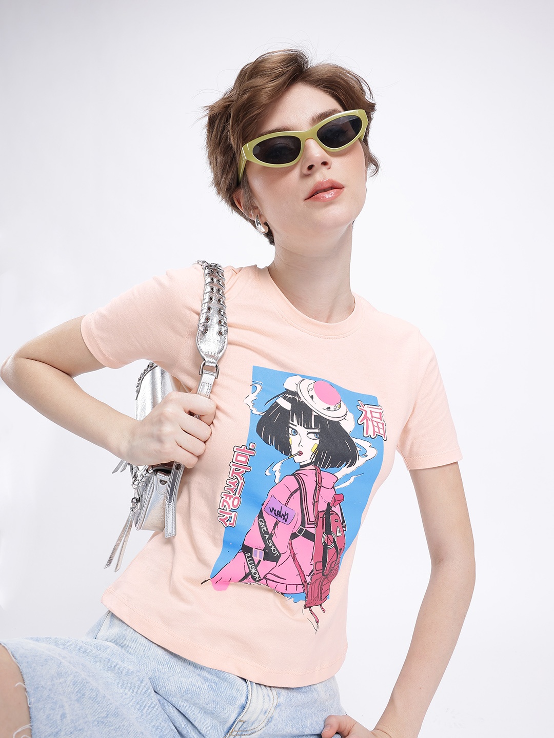 

DressBerry Modern Chic Graphic Printed T-shirt, Peach