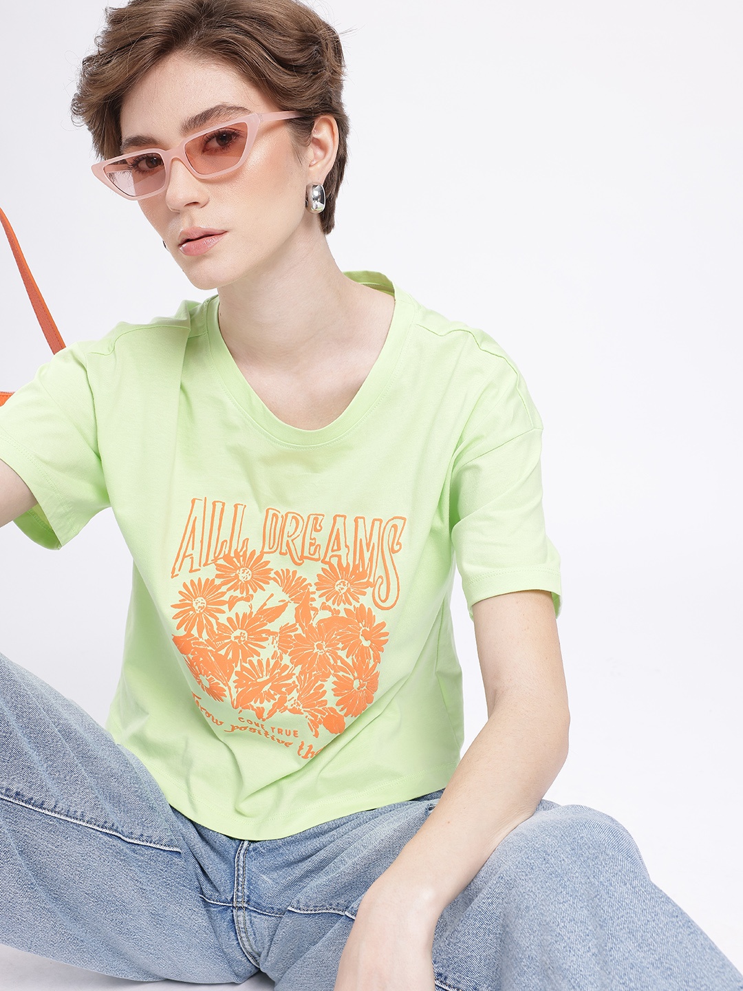 

DressBerry Cool Chic Graphic Printed Relaxed Fit Crop T-shirt, Green