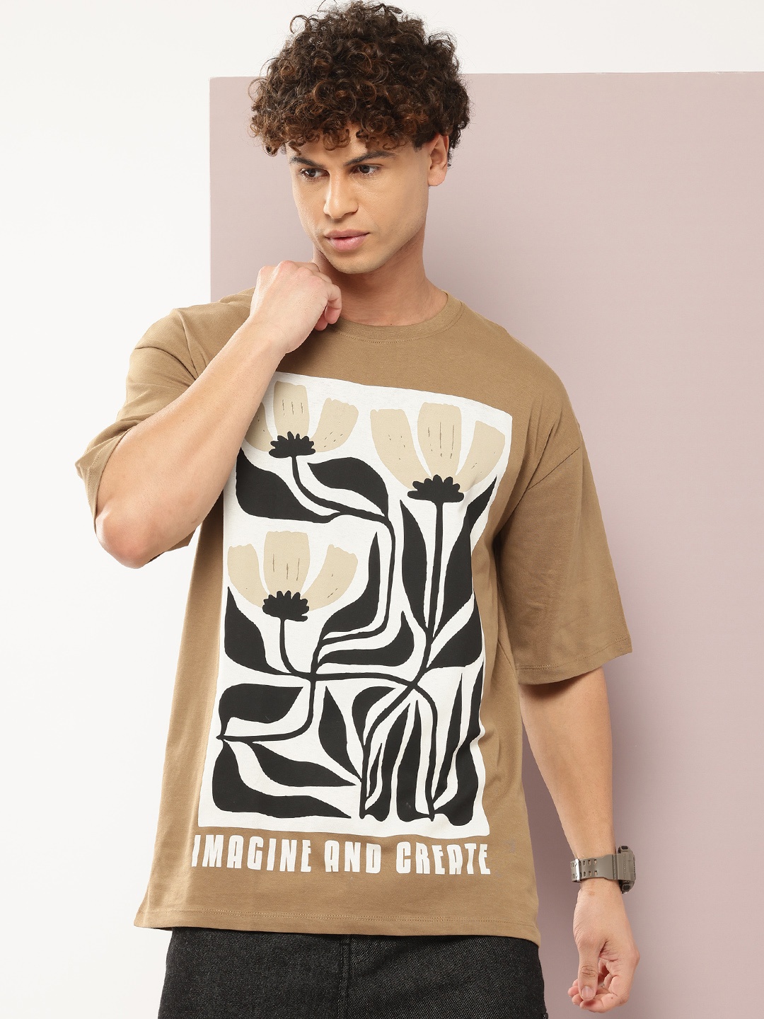 

Kook N Keech Printed Drop-Shoulder Sleeves Oversized Pure Cotton T-shirt, Brown