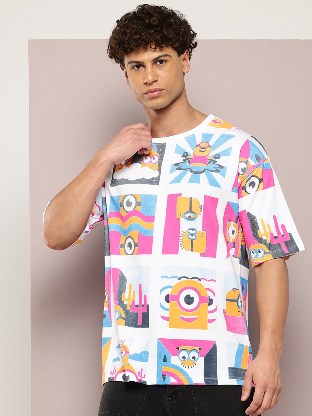 

Minions by Kook N Keech Oversized Printed Drop-Shoulder Sleeves Pure Cotton T-shirt, White