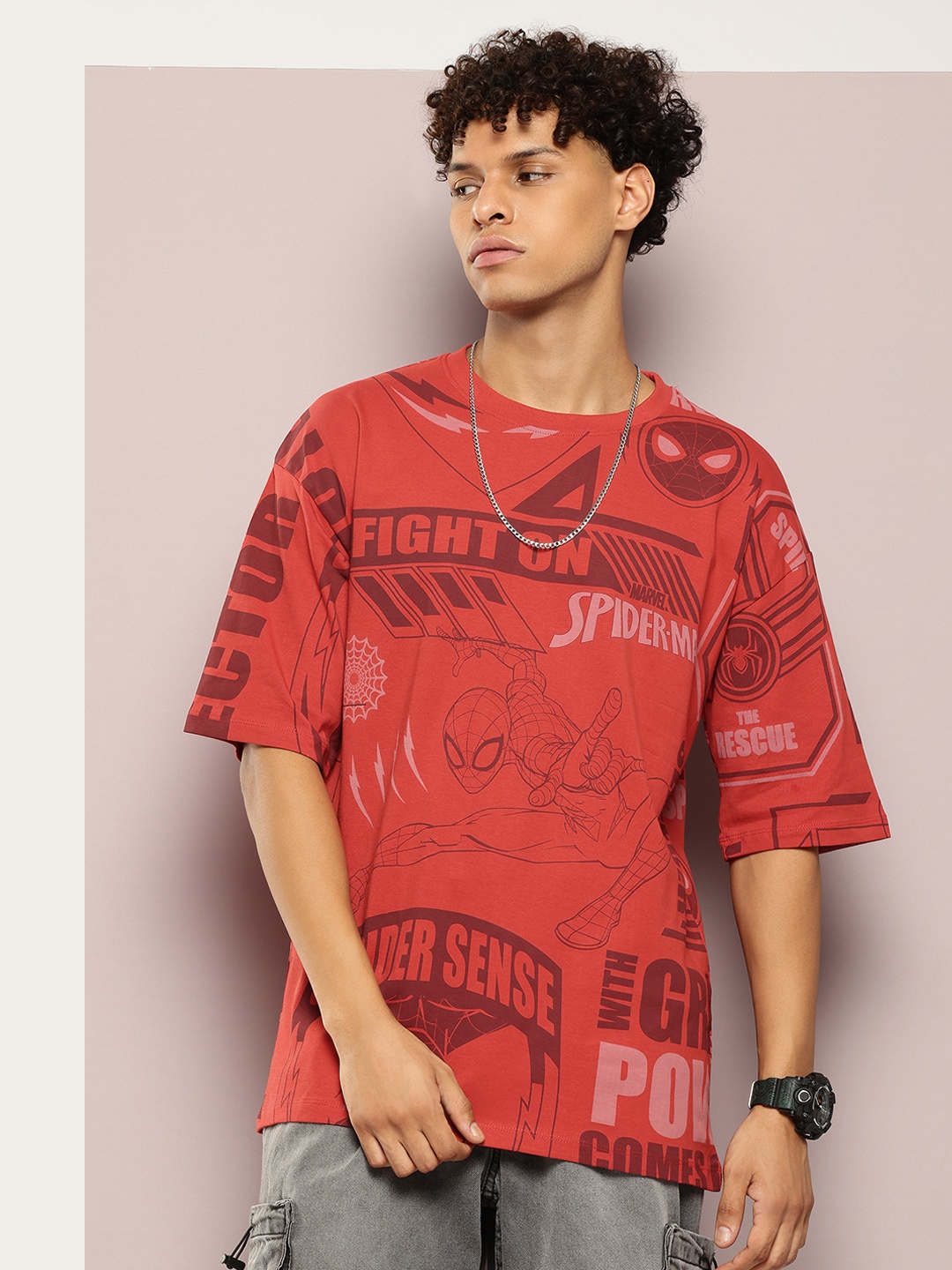 

Kook N Keech Marvel Spider-Man Printed Drop-Shoulder Sleeves Pure Cotton Oversized T-shirt, Red