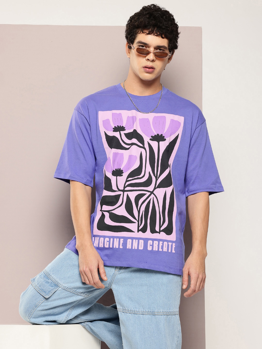 

Kook N Keech Men Printed Pure Cotton Oversized T-shirt, Purple