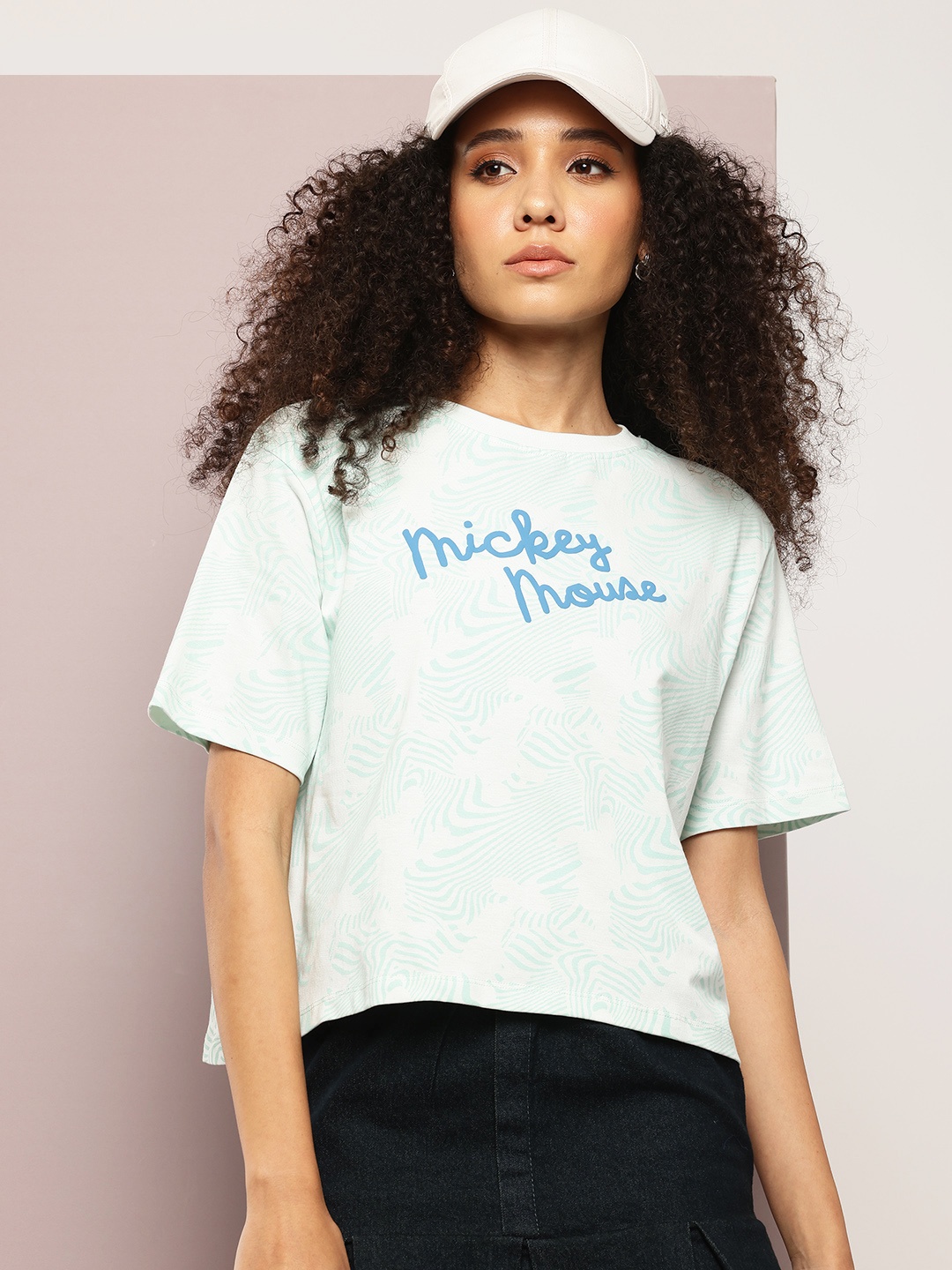 

Kook N Keech Disney Mickey Mouse Print Pure Cotton Boxy T-shirt, Sea green