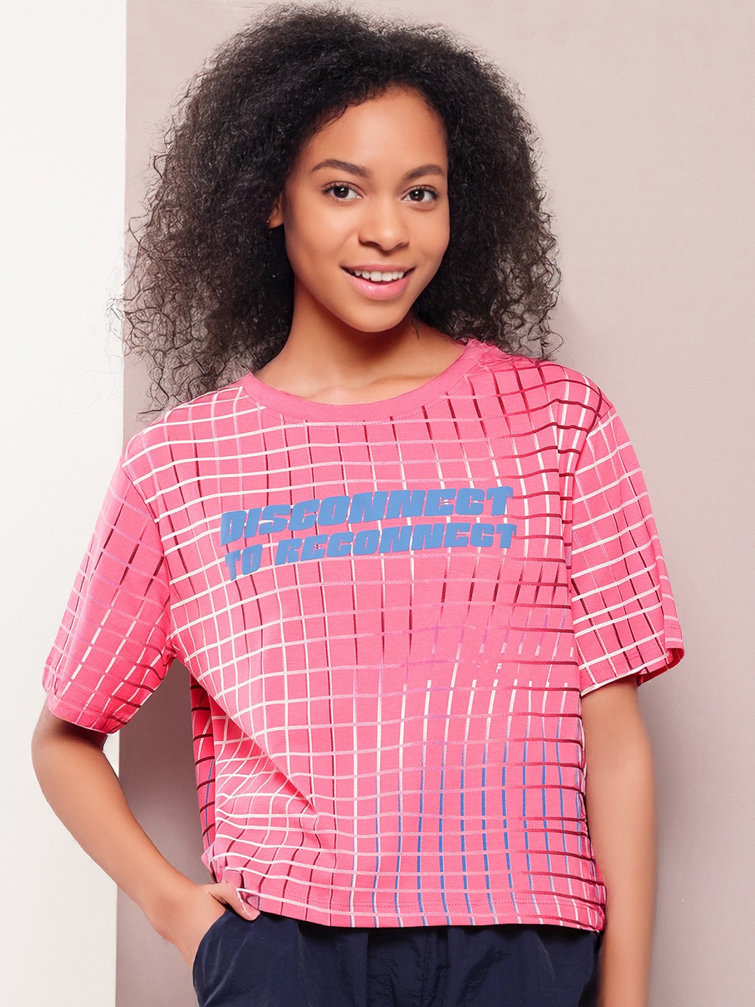 Kook N Keech Women Typography Printed Boxy Pure Cotton T-shirt, Pink