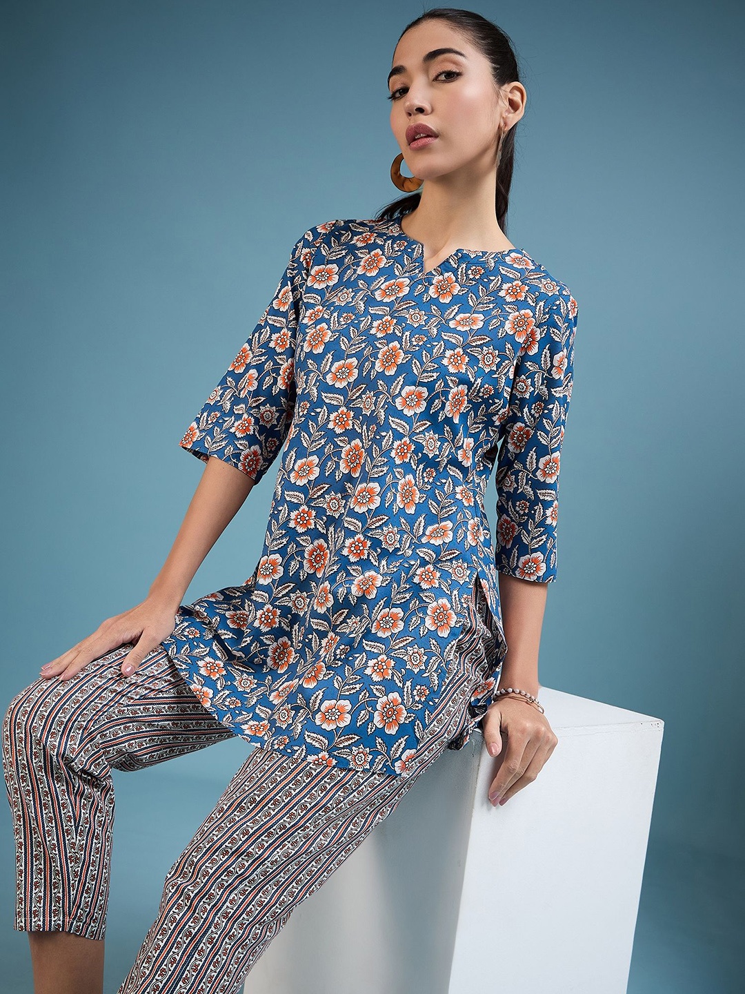 

VIRICA Floral Printed Top With Trousers, Blue