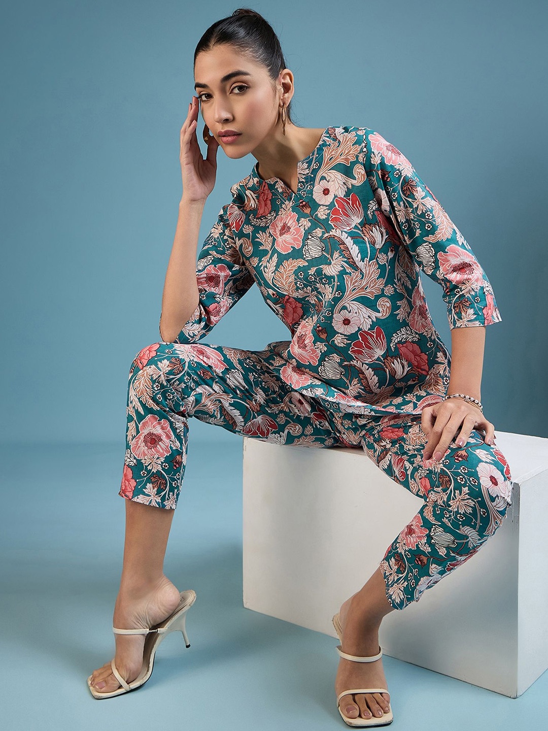 

VIRICA Floral Printed Top With Trousers, Teal