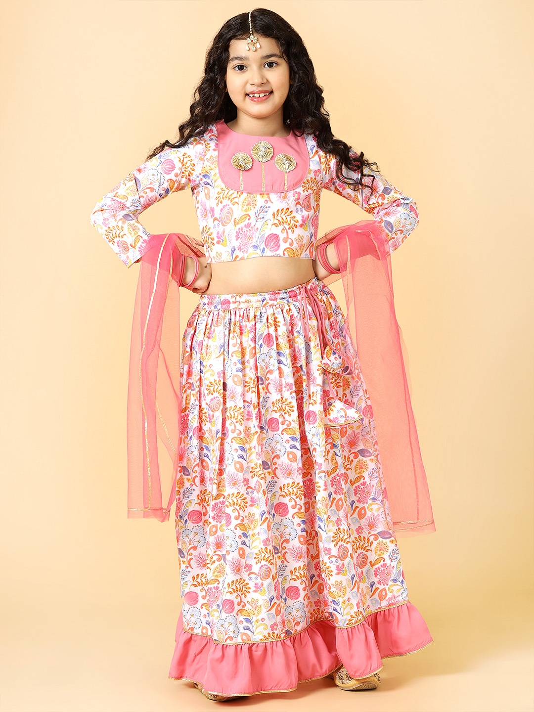 

A.T.U.N. Girls Printed Ready to Wear Lehenga & Blouse With Dupatta, Pink