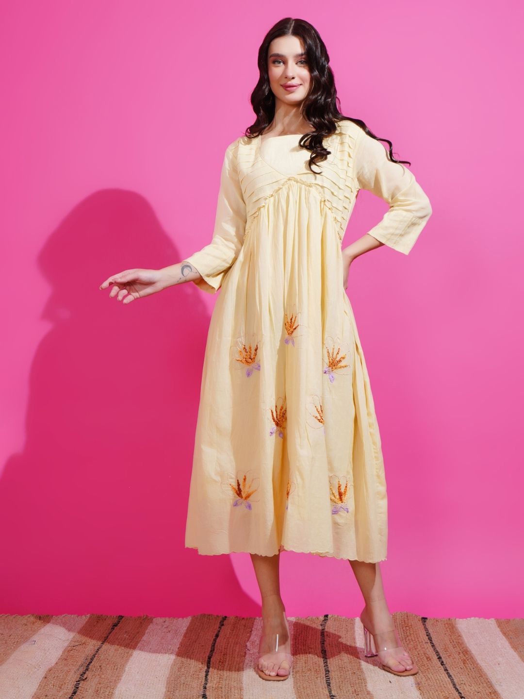 

Boholyfe Embroidered A-Line Midi Dress, Beige