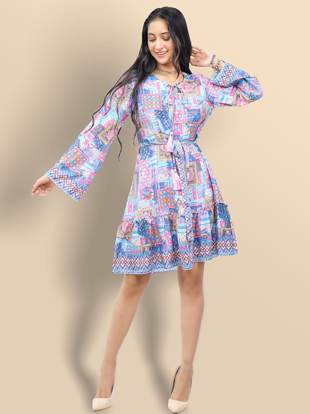 

Boholyfe Women Printed Tie-Up Neck Flared Sleeves Fit & Flare Dress, Blue