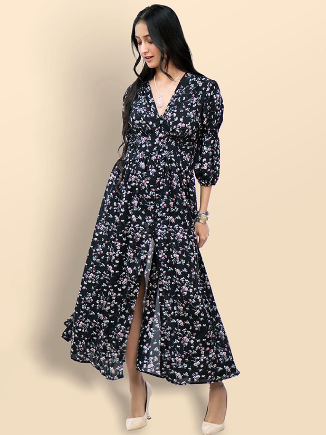 

Boholyfe Women Floral Printed Puff Sleeve Crepe Maxi Dress, Black