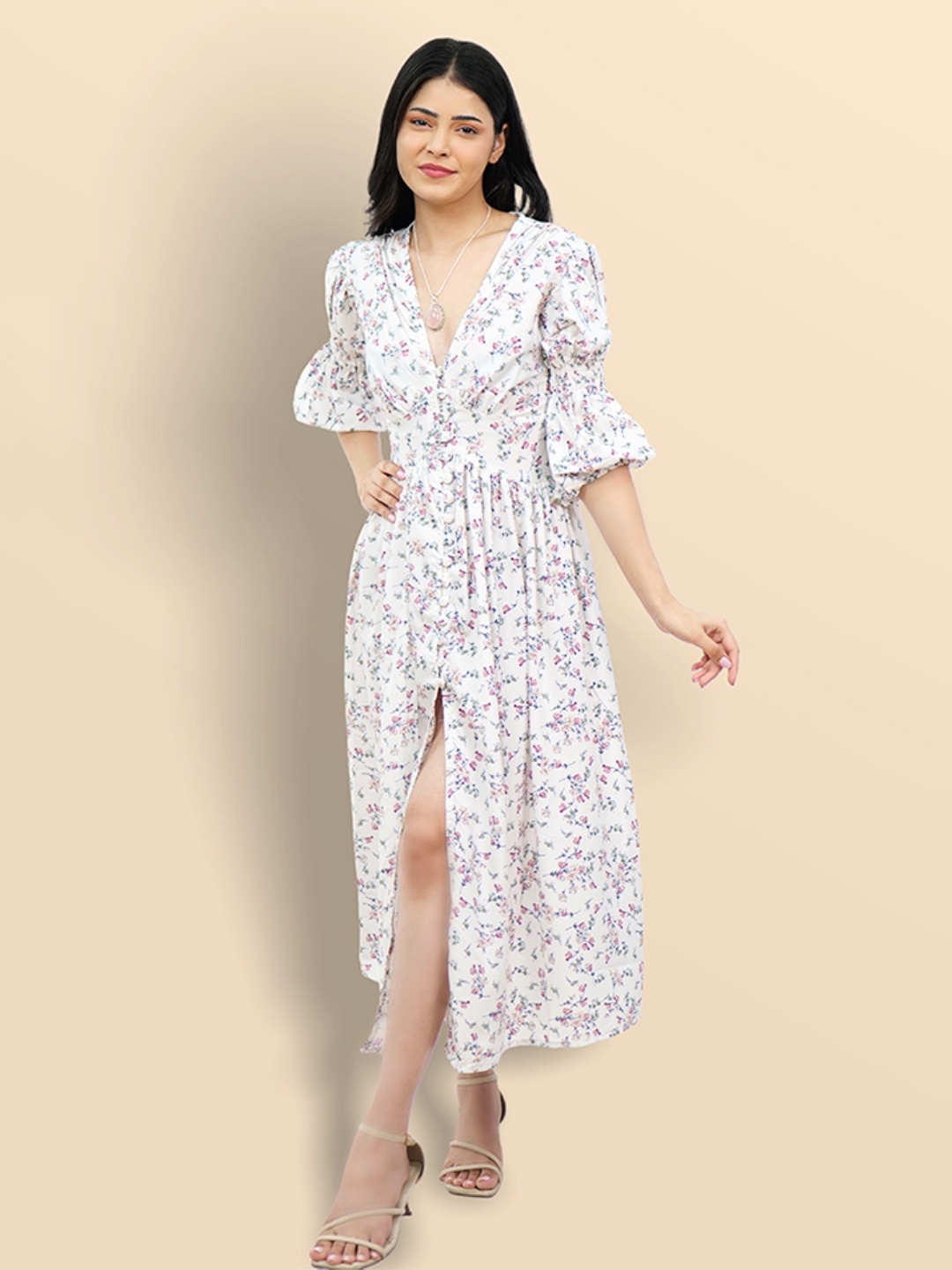 

Boholyfe Floral Printed Puff Sleeve Fit & Flare Midi Dress, White