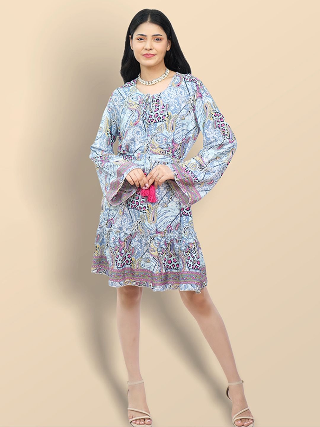 

Boholyfe Ethnic Motfs Printed Flared Sleeve Fit & Flare Dress with a Belt, Grey