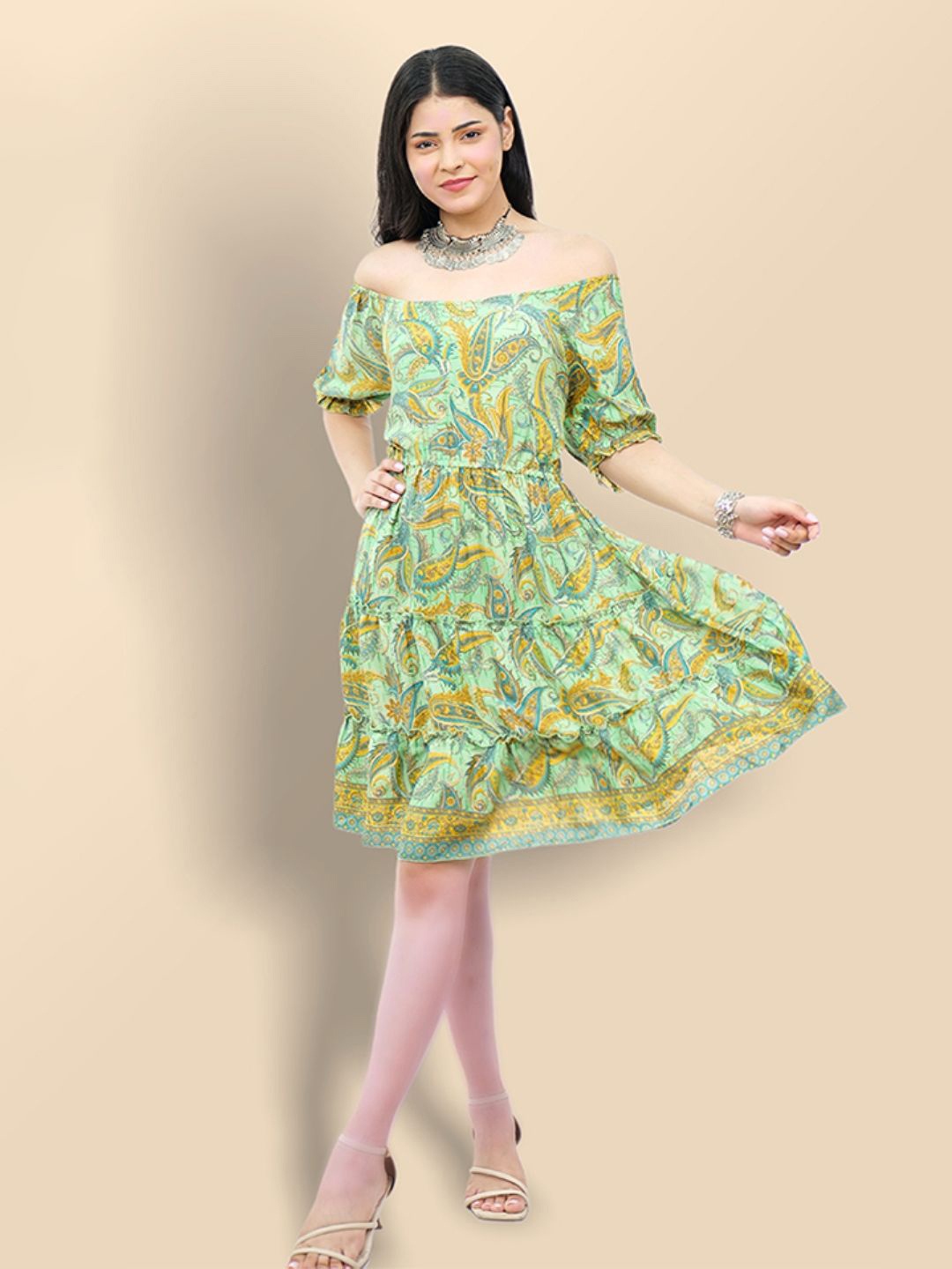 

Boholyfe Women Ethnic Motifs Printed Puff Sleeve Fit & Flare Dress, Green