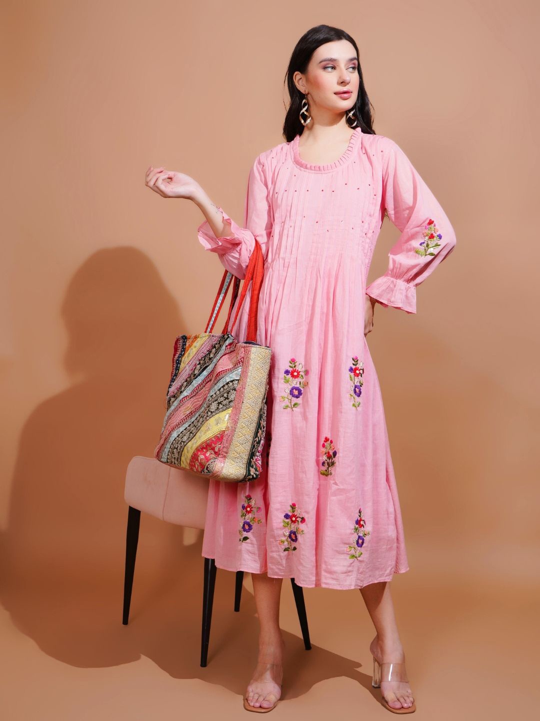 

Boholyfe Women Embroidered Floral Puff Sleeve A-line Midi Dress, Pink