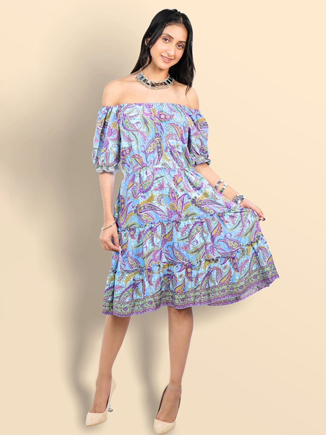 

Boholyfe Ethnic Motifs Printed Off-Shoulder Puff Sleeve Fit & Flare Dress, Blue