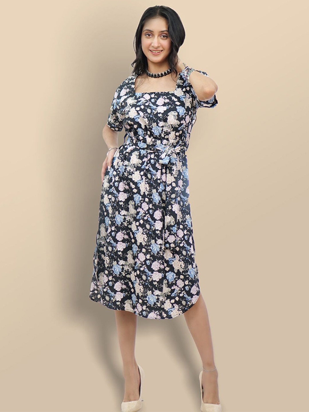 

Boholyfe Floral Printed Fit & Flare Midi Dress, Black
